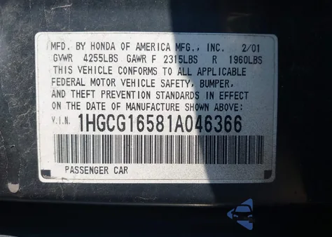 2001 Honda Accord 3.0 Ex z USA, uszkodzony, nr VIN 1HGCG16581A046366